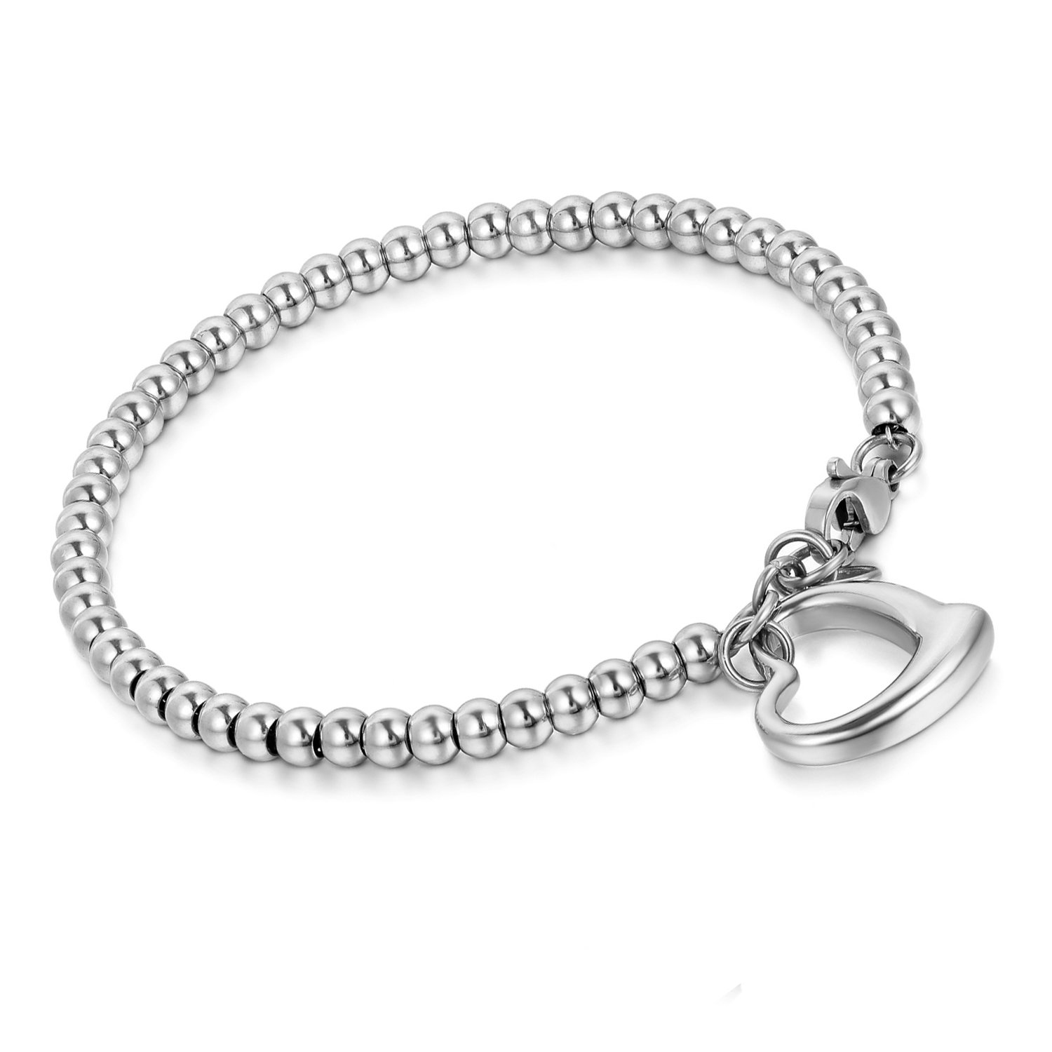 Cupimatch Stainless Steel Hallow Out Love Heart Charm Bracelet for Women Girls Mother's Day Day Gift, Silver