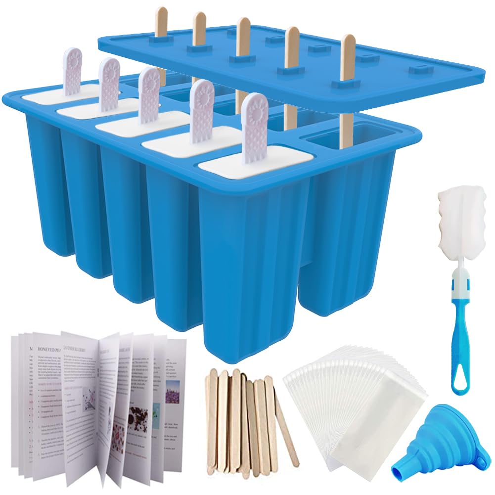Miaowoof Homemade Popsicle Molds, 10-Cav Non-BPA Silicone Ice Pop Maker, with 50 Sticks, 50 Bags, 10 Reusable Sticks, Funnel,