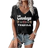 Western Cowboy T-Shirt Women Cut Out Cold Shoulder Tops Retro Country Concert Tee Short Sleeve V Neck Rodeo Shirt