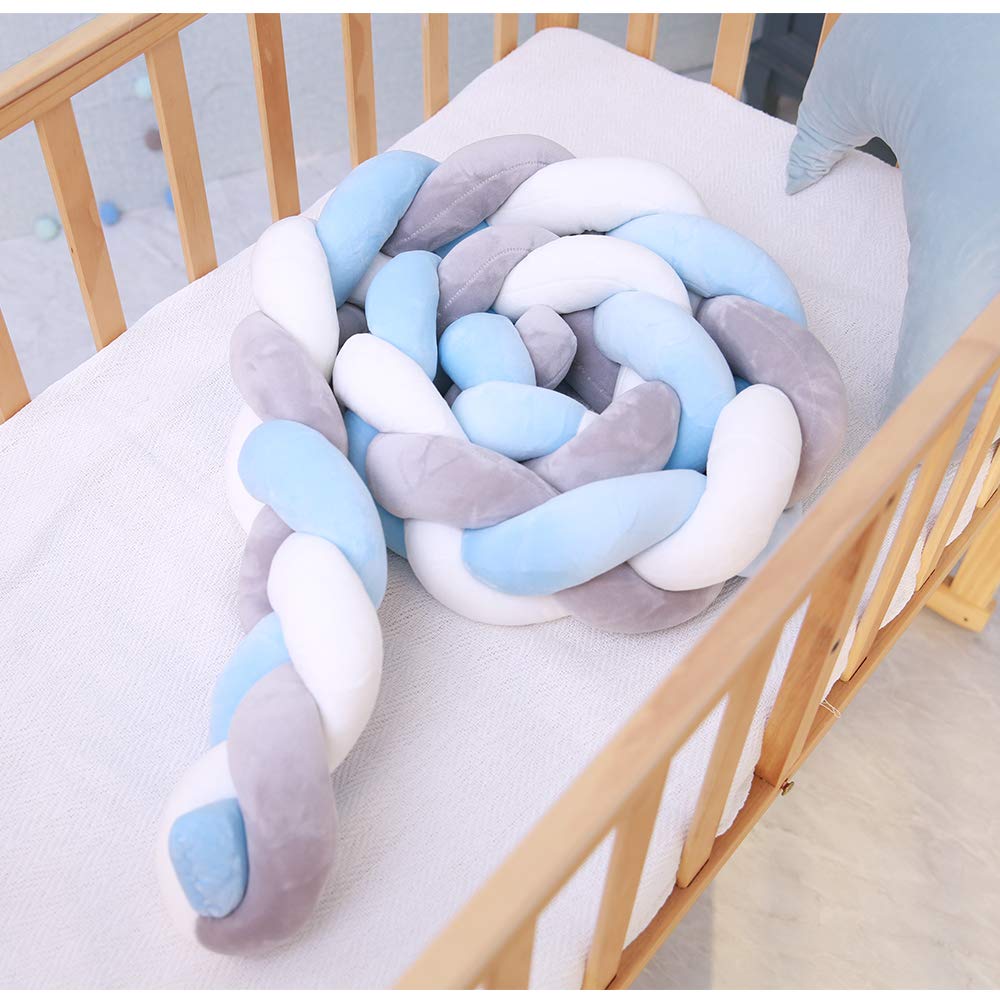 Lion Paw Crib Bed Bumper Pillow Cushion 78.7in Crib Sides Protector Infant Cot Rails Newborn Gift Knotted Braided Plush Nursery Cradle Decor (White-Blue-Gray 78.7in) : Baby