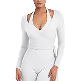 YEOREO Women Pilates Wrap Top Long Sleeve Tie Ballet Workout Yoga Shirt Michelie Y2K V Neck Cropped Tops