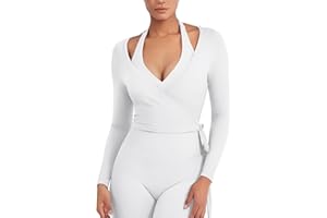 YEOREO Women Pilates Wrap Top Long Sleeve Tie Ballet Workout Yoga Shirt Michelie Y2K V Neck Cropped Tops