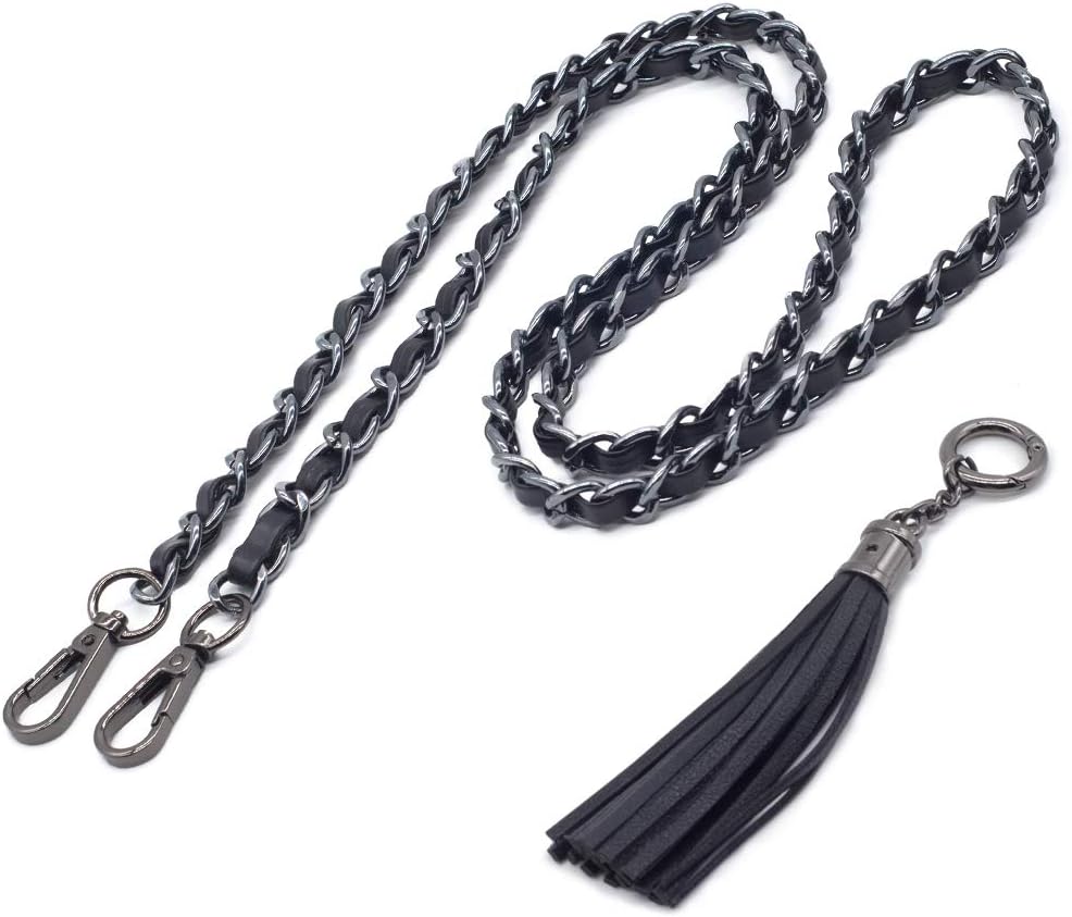 SUPXINJIA Purse Chain Strap with Leather Metal Chain Replacement for Shoulder，Crossbody Bag （Black）
