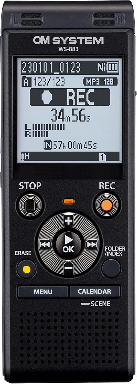 OM SYSTEM WS-883 Digital Voice Recorder 8GB Memory, Stereo Microphones, Direct USB, Intelligent Auto Mode, Noise Cancelling, Simple Mode, Low-Cut Filter, Expandable Storage