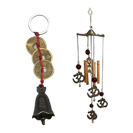 Ryme Combo of Om Rudraksha Wind Chime & Chinese Lucky Brass Door Bell Hanging