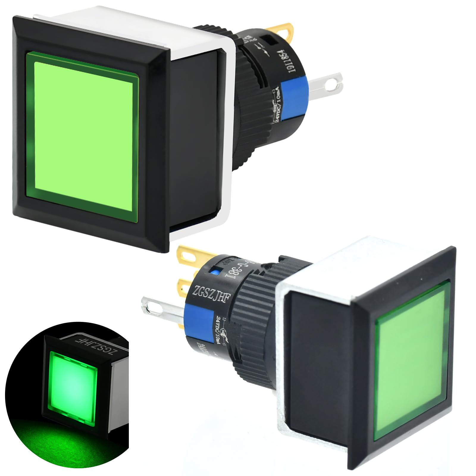 Photo 1 of 2 Pcs Push Button Switch Momentary Square 21 * 21mm Mounting Hole with Green Light 12V-24V DC LED SPDT 5 Pin On Off Waterproof Ultra Thin Flat Button with Wire