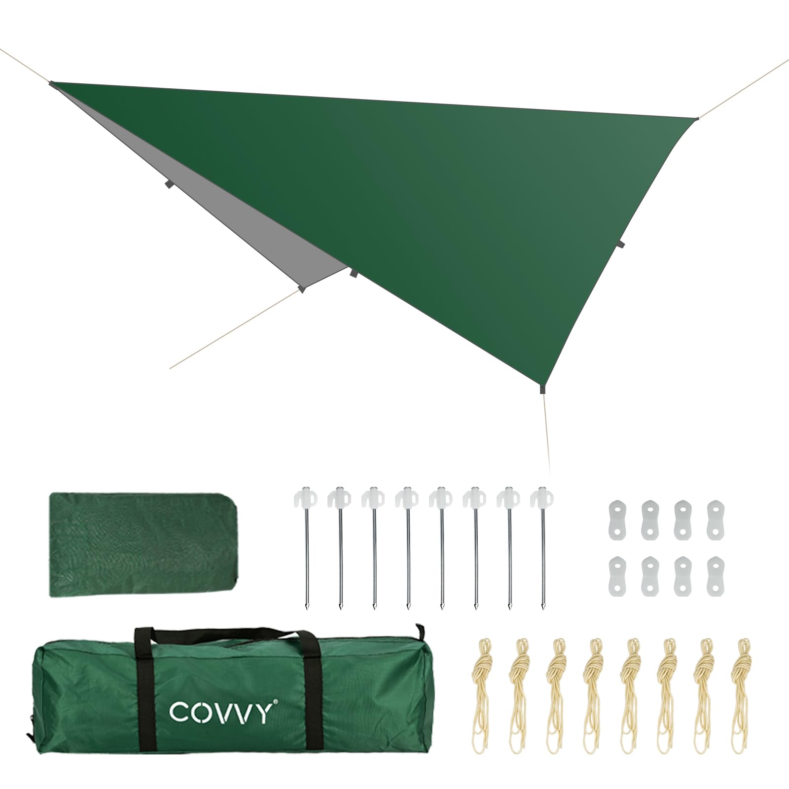 COVVY Rain Fly, 3x3m Waterproof Tent Tarp with 8 Pegs and 8 Guy Lines, Portable Lightweight Hammock Rain Fly for Camping, Travel, Outdoor, Hiking, Sunshade