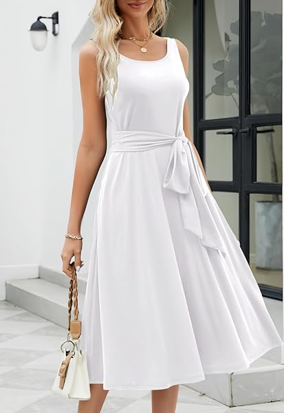 ROSDORRA WOMEN’S 2024 SUMMER SUNDRESS ELEGANT ROUND NECK MIDI SLEEVELESS CASUAL A-LINE SWING BEACH SOLID DRESS WITH POCKETS(WHITE, RS703A1 S)