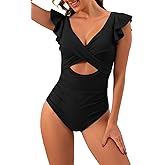 B2prity One Piece Swimsuits for Women Ruffle Sleeve V Neck Bathing Suit Tummy Control Cutout Monokini Slimming Swimwear