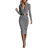 Long Sweater Dress for Women Sexy V Neck Long Sleeve Waist Cinching Dresses Casual Bodycon Spring Midi Dress