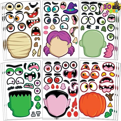 JOYIN 30 Pcs Halloween Make a Face Stickers for Kids, Halloween Party Favor, Party Craft Supplies, Fall Sticker Sheets with 6 Different Facial Expression, Classroom Art Activities Treat Games Goodies