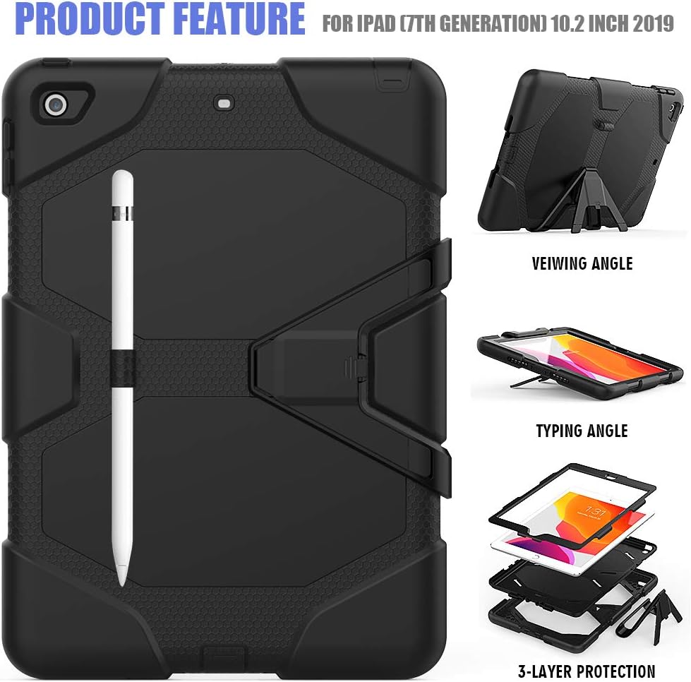 New iPad 10.2 Case 2019 with Pencil Holder, ZERMU Heavy Duty Kickstand Shockproof Hard Plastic+Silicone Defender High Impact Protective Case with Screen Protector for iPad 10.2 inch 7th Generation