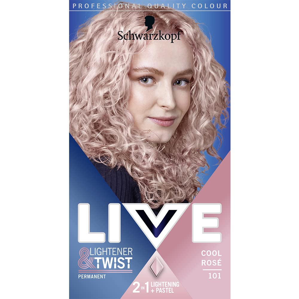 Schwarzkopf LIVE Lightener + Twist Permanent Pink Hair Dye, 2 in 1 Hair Colour and Lightens Up To 3 Levels, Cool Rose 101