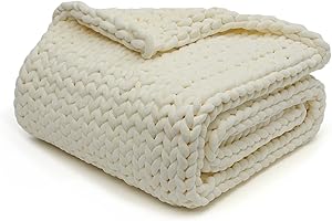 YnM Velvet Weighted Blanket, Handmade Chunky Knitted Design, Soft and Cozy, Temperature Regulating and Breathable, Machine Washable Throw for Sleep or Home Decor (Cream, 60x80 Inch, 15lbs)