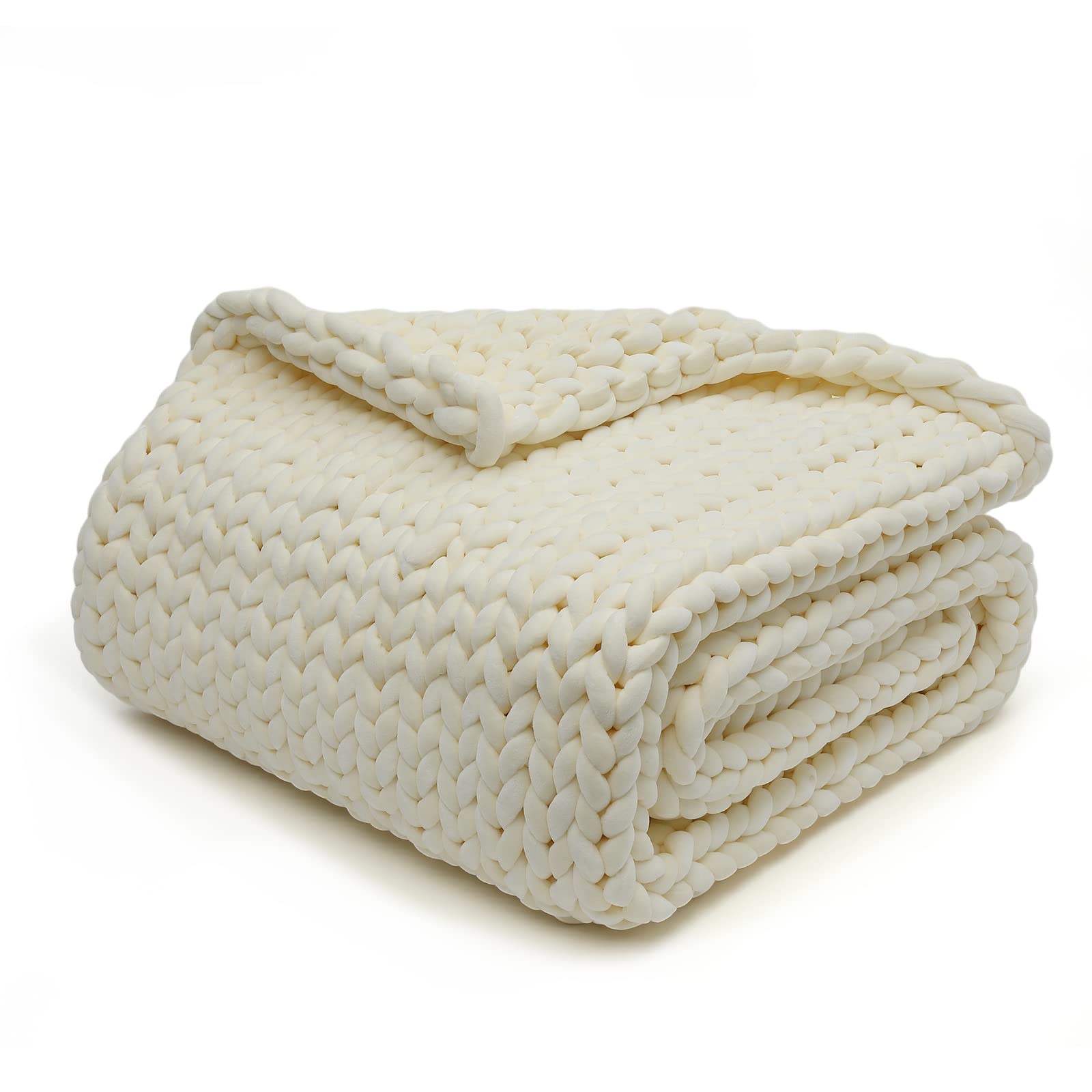 Photo 1 of YnM Velvet Weighted Blanket, Handmade Chunky Knitted Design, Soft and Cozy, Temperature Regulating and Breathable, Machine Washable Throw for Sleep or Home Decor (Cream, 60x80 Inch, 15lbs)
