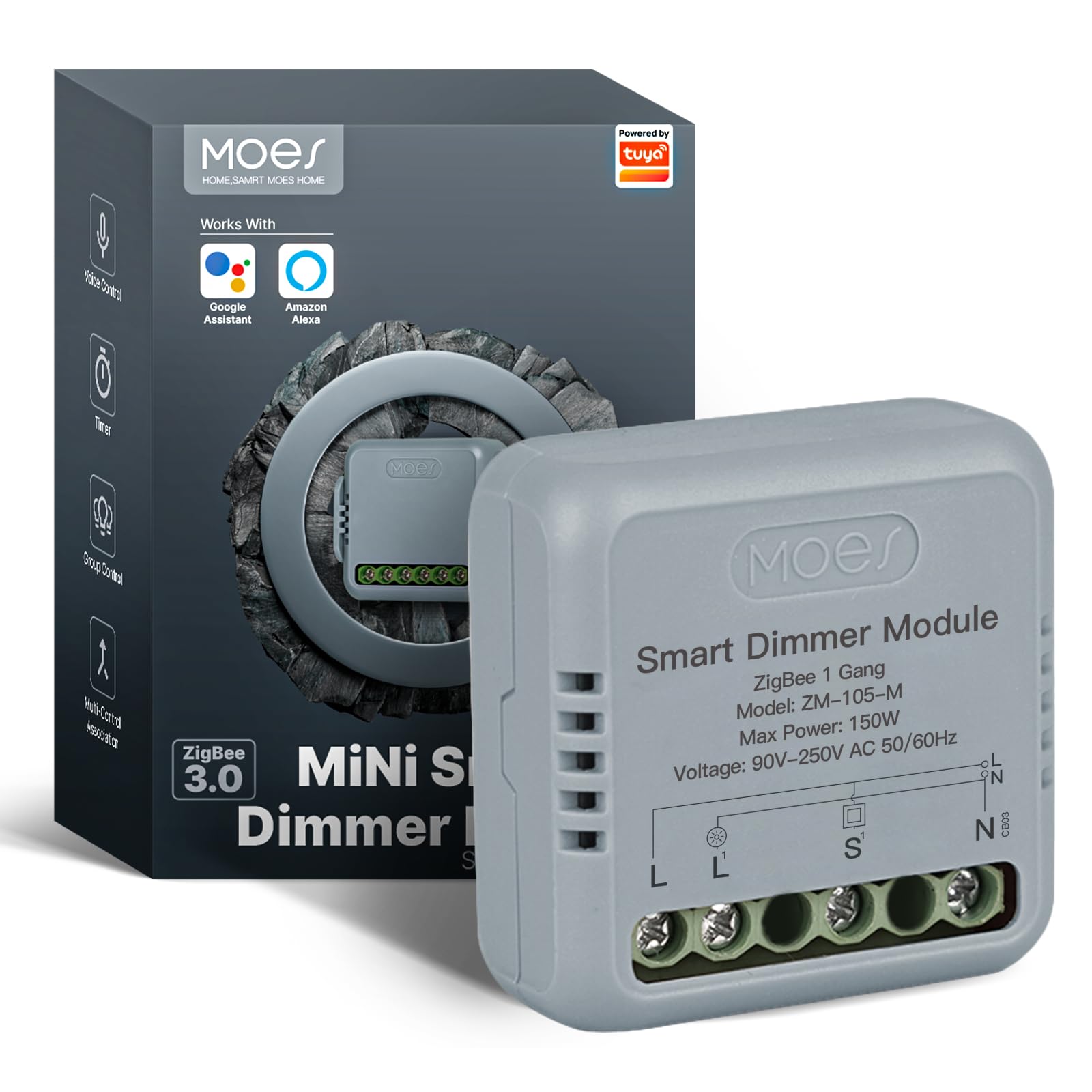 MOES Smart ZigBee Dimmer Switch Module, Requires MOES Gateway, Mini Design, Supports App Voice Alexa Google Home Remote Control, Dual Switch Networking, Timer, Control Sharing, 1 Gang