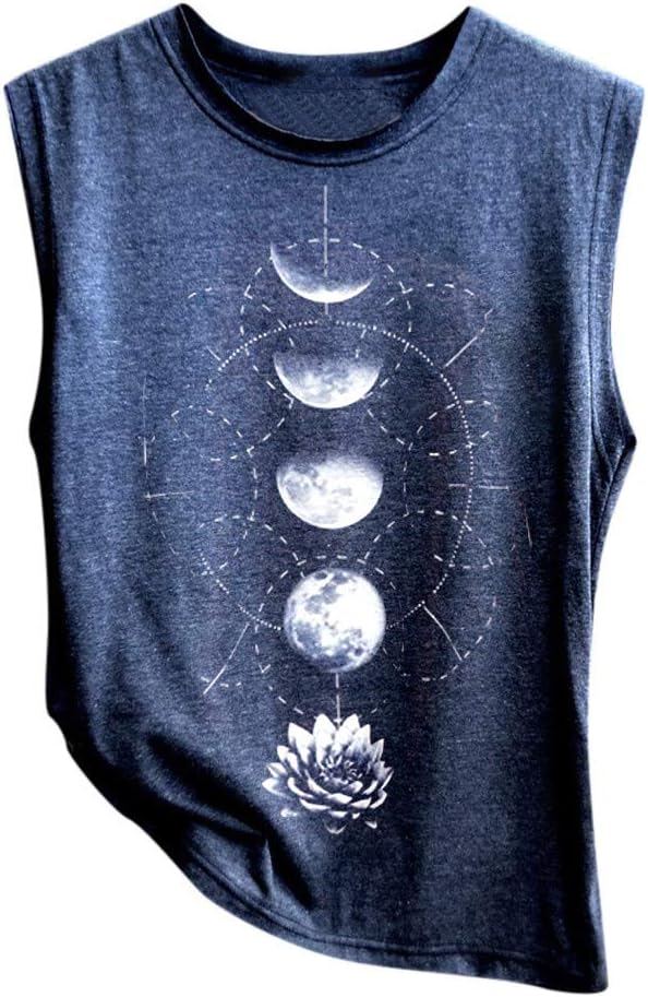 Btruely Print Tank Tops Summer Women Gym Sleeveless Sport Yoga Running Climbing Cycling Solid Flowy Cotton Blouse Top Vest Moon Printing Sleeveless T-Shirt (A Navy, M)