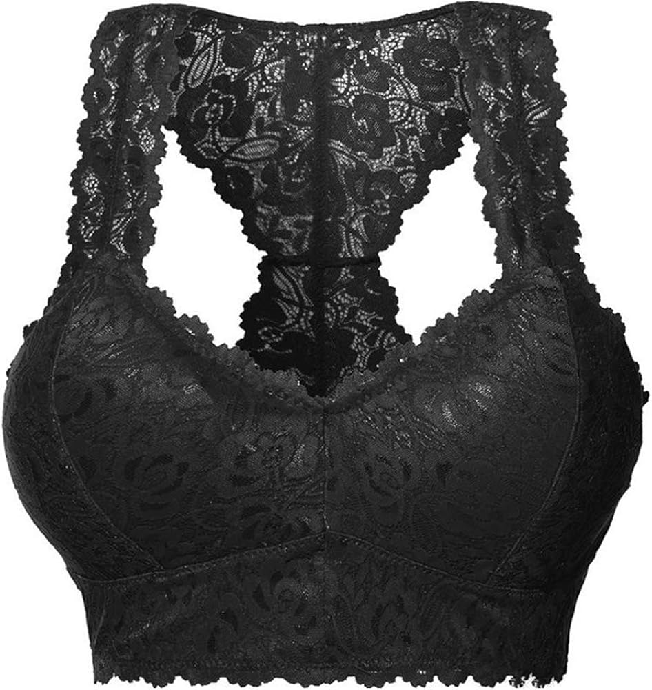 Women's Floral Lace Racerback Bralette Sexy Deep V Padded Crop Top Wireless Bra at Amazon Women 