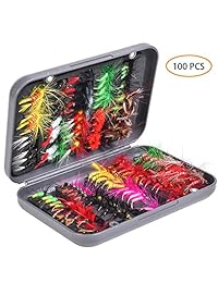 Focuser Moscas para pesca con mosca, 100 unidades, señuelo de pesca seco o húmedo, surtido para bajos, trucha, salmón con caja organizadora de almacenamiento, cajas de moscas, cajas de señuelos, caja de planeta, regalos de aparejos de pesca, accesorios
