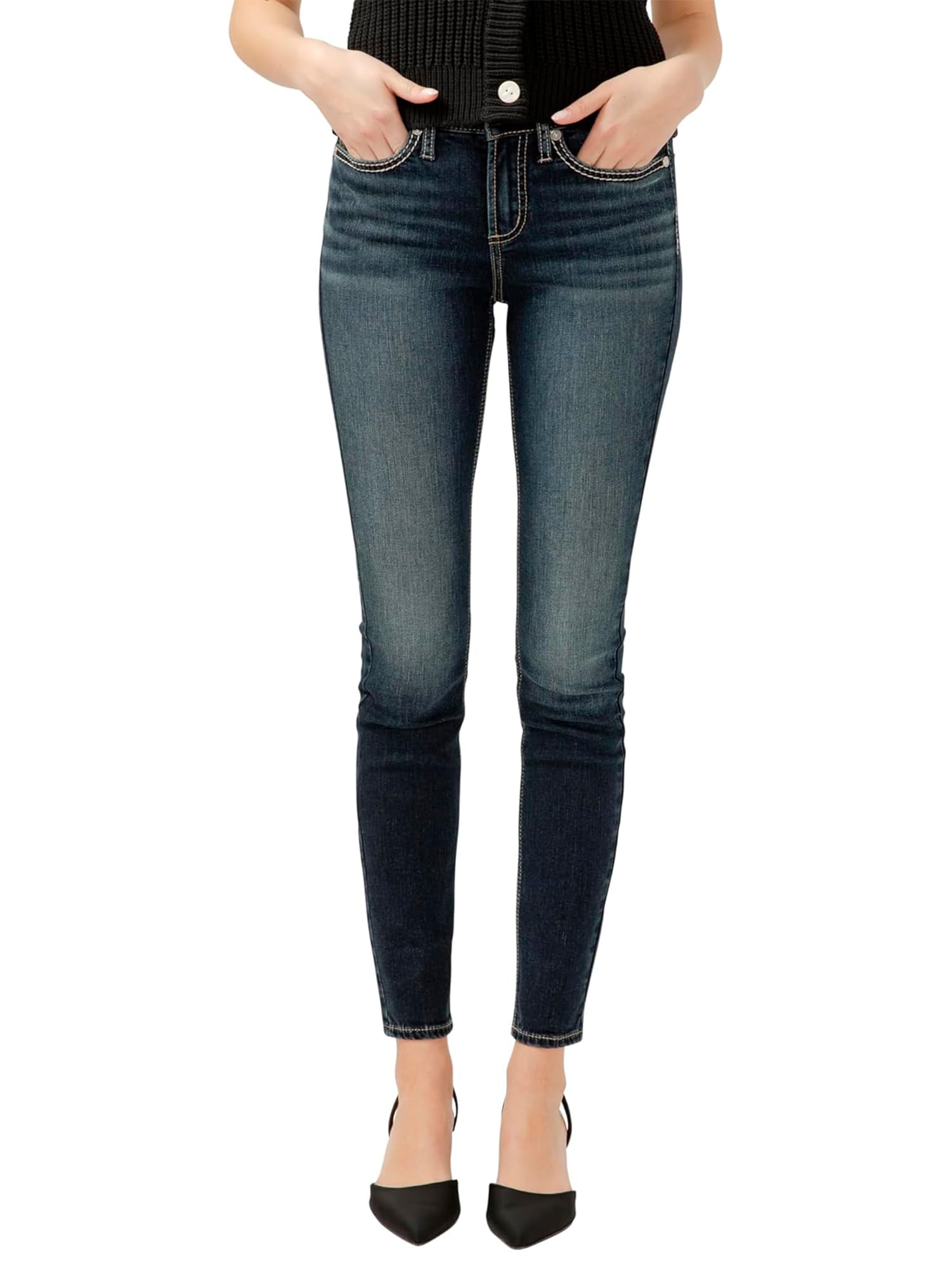 Silver Jeans Co. Women’s Suki Mid Rise Curvy Fit Skinny Jeans, Dark Wash EDB414, 31W x 29L