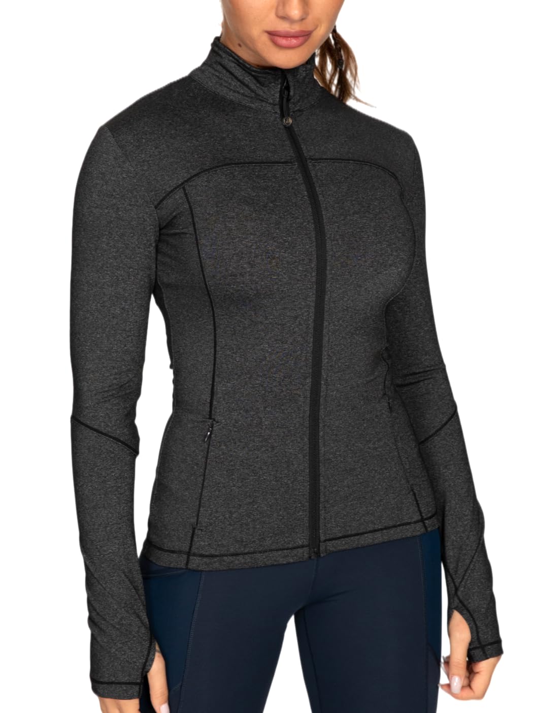 GYM RAINBOW Workout Jackets for Women, Full Zip Slim Fit Lightweight Athletic Running Sports Track Jacket with Pockets(2-Black Blend,Medium) Image