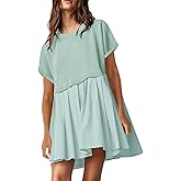 SAUKOLE Womens Summer Crew Neck Short Sleeve Dress Patchwork Pleated A Line Beach Boho Mini Dress