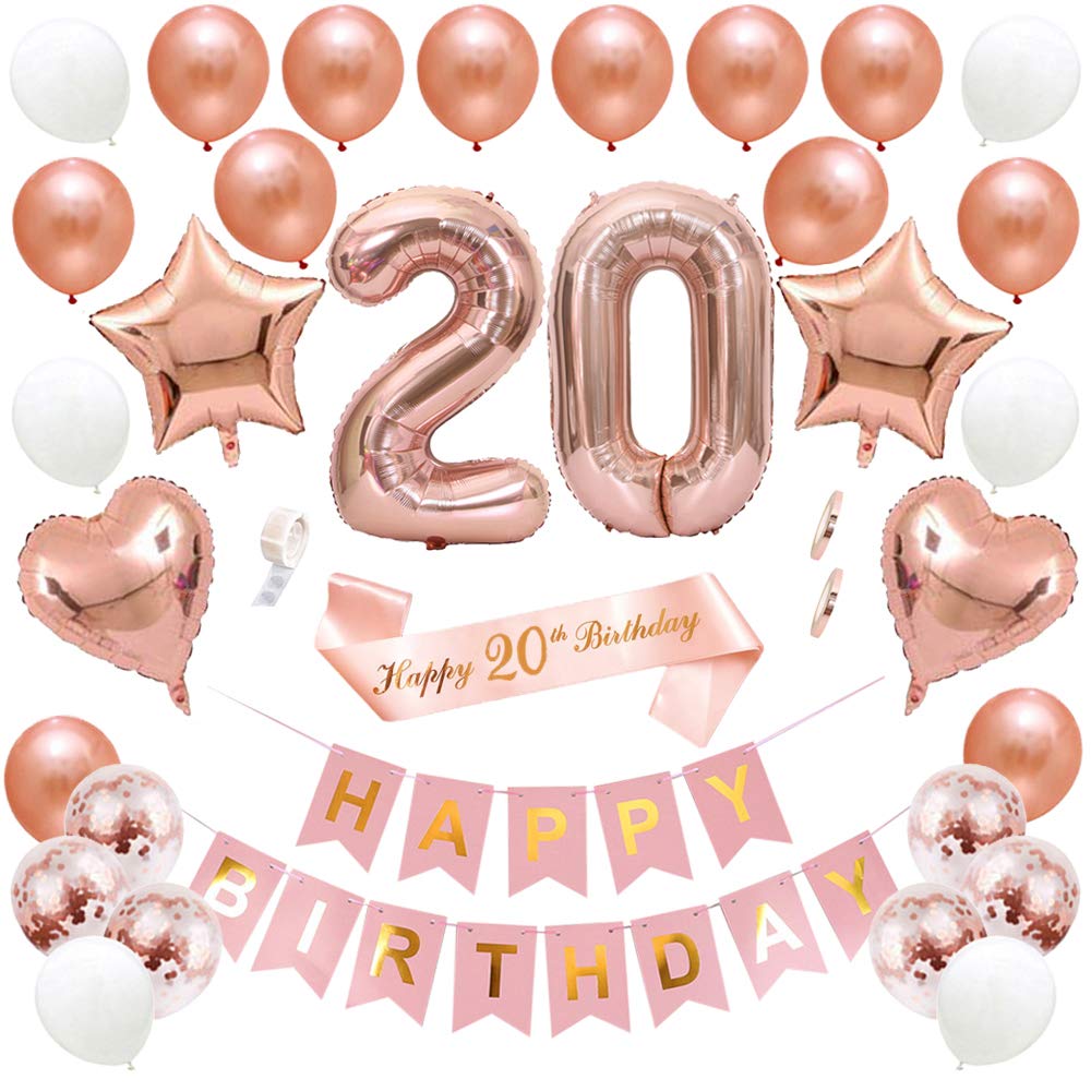 Ceqiny 20th Birthday Decoration Happy Birthday Banner Set Rose Gold Number 20 Balloon Confetti White Latex Balloon Star Heart Foil Balloons Happy 20th Birthday Sash Party Supplies for Girls Women