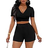 BARASA Women‘s 2 Piece Shorts Sets Summer Bodycon Suit Casual Tie Front Short Sleeve V Neck Crop Top Shorts Y2k Outfits S43