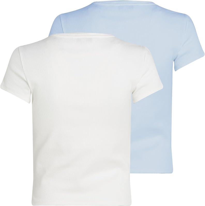 Damen 2er Pack T-Shirts Kurzarm Essential Rib Slim Fit, Mehrfarbig (Ecru/Sweet Blue), XXS