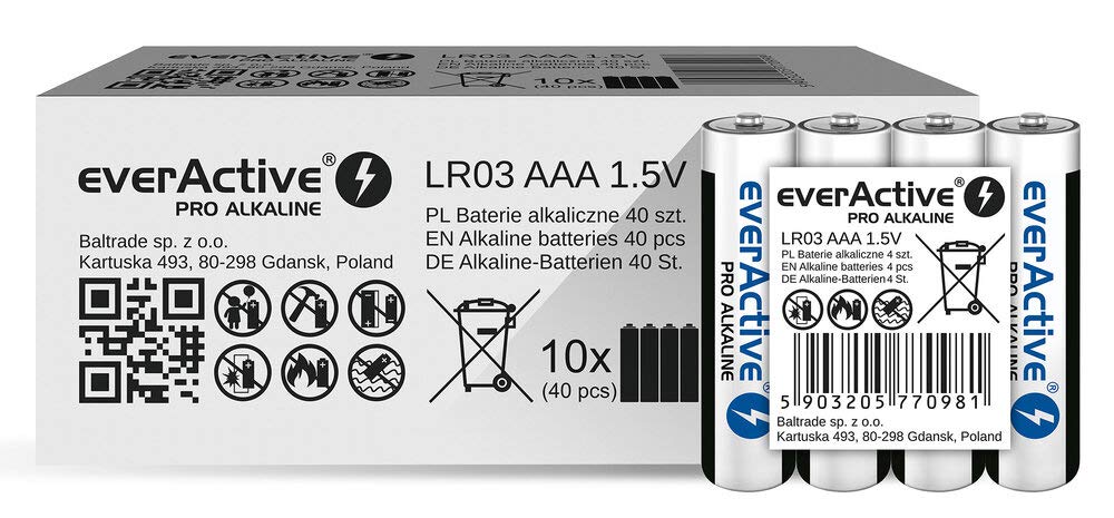 everActive AAA Batterien 40er Pack, Pro Alkaline, Micro LR03 R03 1.5V, höchster Leistung, 10 Jahre Haltbarkeit, 40 Stück