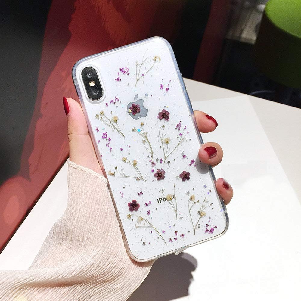 Shinymore iPhone 11 Flower Case, Soft Clear Flexible Rubber Pressed Dry Real Flowers Case Girls Glitter Floral Cover for iPhone 11-Purple