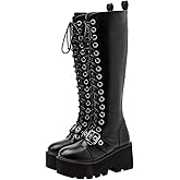 Parisuit Women's Knee High Goth Platform Buckle Boots Chunky High Heel Lace Up Punk Combat Boots with Chain
