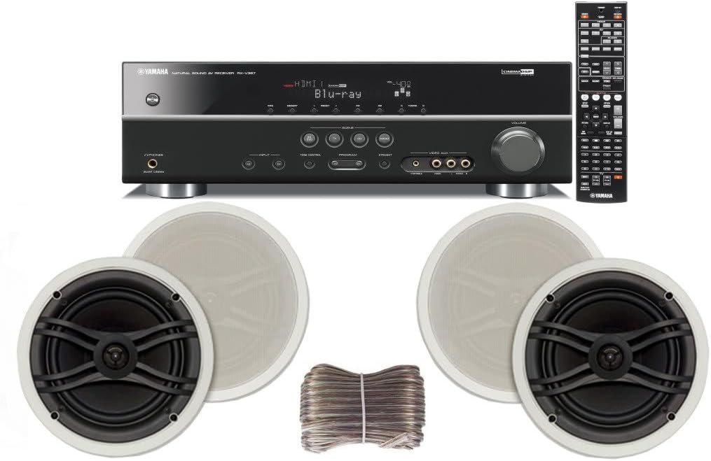 Yamaha 3D-Ready 5.1-Channel 500 Watts Digital Home Theater Audio/Video Receiver with 1080p-compatible HDMI repeater & Upgraded CINEMA DSP + Yamaha Custom Easy-to-install Natural Sound In-Ceiling Flush Mount 2-Way 120 watt 2 Speaker Set (1 Pair) with 1" Tweeters & 8" Woofer + 100ft 16 AWG Speaker Wire