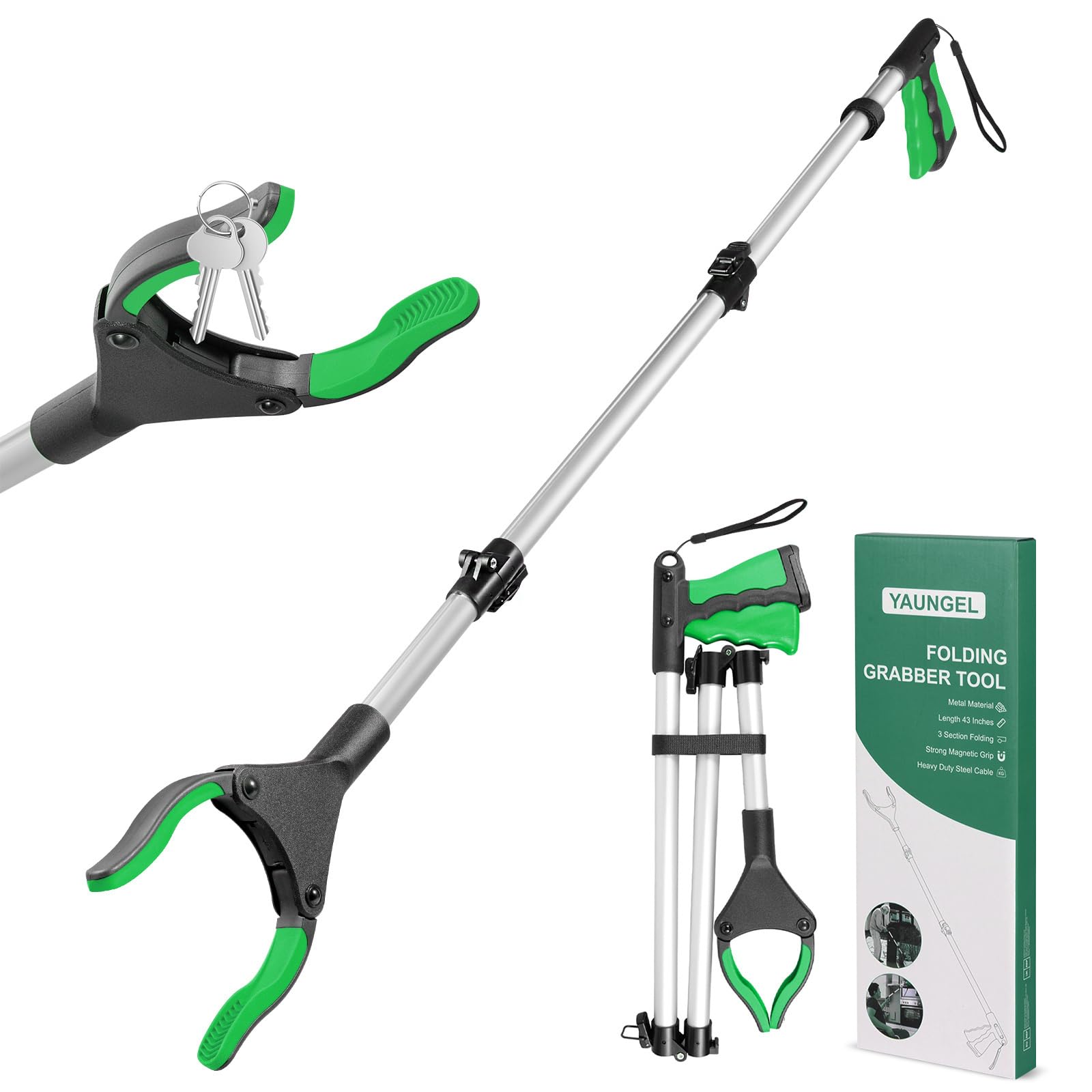 YAUNGEL 43'' Litter Pickers, Grabber Stick with Magnet, Grabber for Disabled, Extra Long Foldable Litter Pickers for Adults, 108CM Pick Up Stick Grabber with 360° Rotating Jaws Reaching Aids (Green)