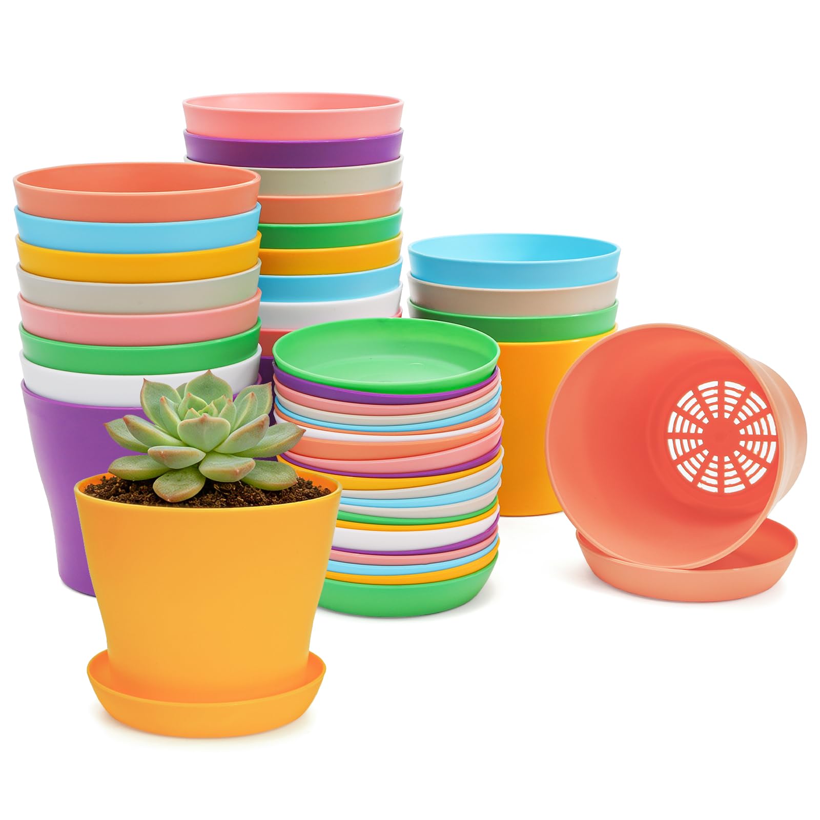 Tosnail 24Pcs 9.5cm Small Plant Pots Colorful Plastic Flower Pots Outdoor Indoor Plant Pots for Office House Desk with Pallet Trays, 8 Colors