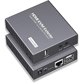 HDMI KVM Extender Over Cat5e/6 1080P Transmits Up to 196ft/60m, with 2 USB Ports Supports Mouse and Keyboard Remote Control, Feature Audio Extractor Function