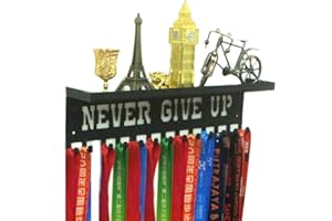URBN BY MODERN HOME FINISHINGS Never Give Up Motivational Sports Awards Medal Holder Trophy Shelf, Display Rack and Ribbon Hanger with 3" Shelf and Hooks