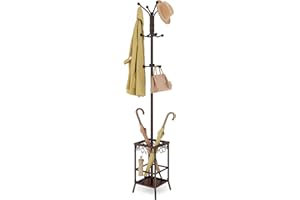 Hoctieon Coat Rack Freestanding, Coat Tree with Umbrella Holder, Metal Coat Rack Stand with 12 Hooks, Standing Coat Hanger Stand, Umbrella Stand for Entryway, Hat Rack Stand for Home Office, Brown
