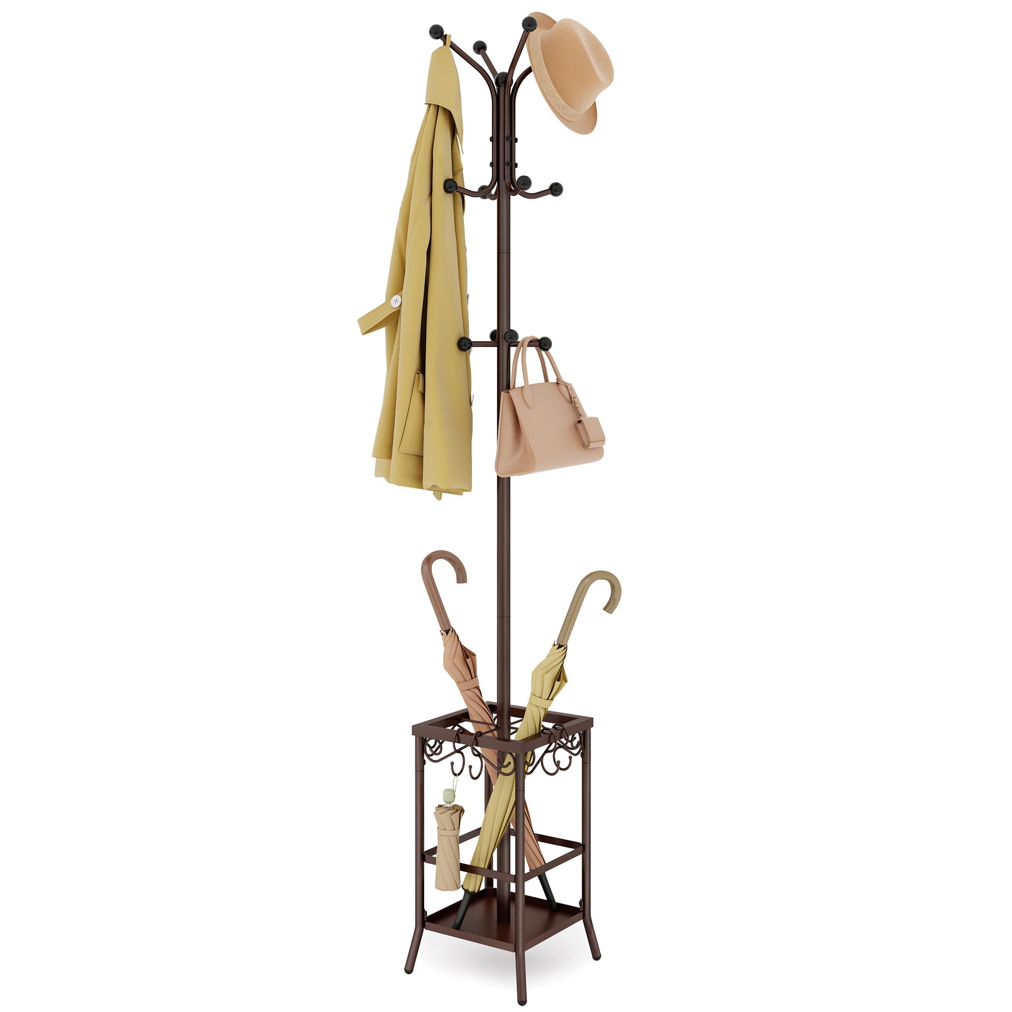 Photo 1 of Hoctieon Coat Rack Freestanding, Entryway Coat Hanger Stand, Umbrella Holder, Hall Tree With 12 Hooks, Standing Coat Rack, Floor Standing Metal Umbrella Tree Stand, Brown