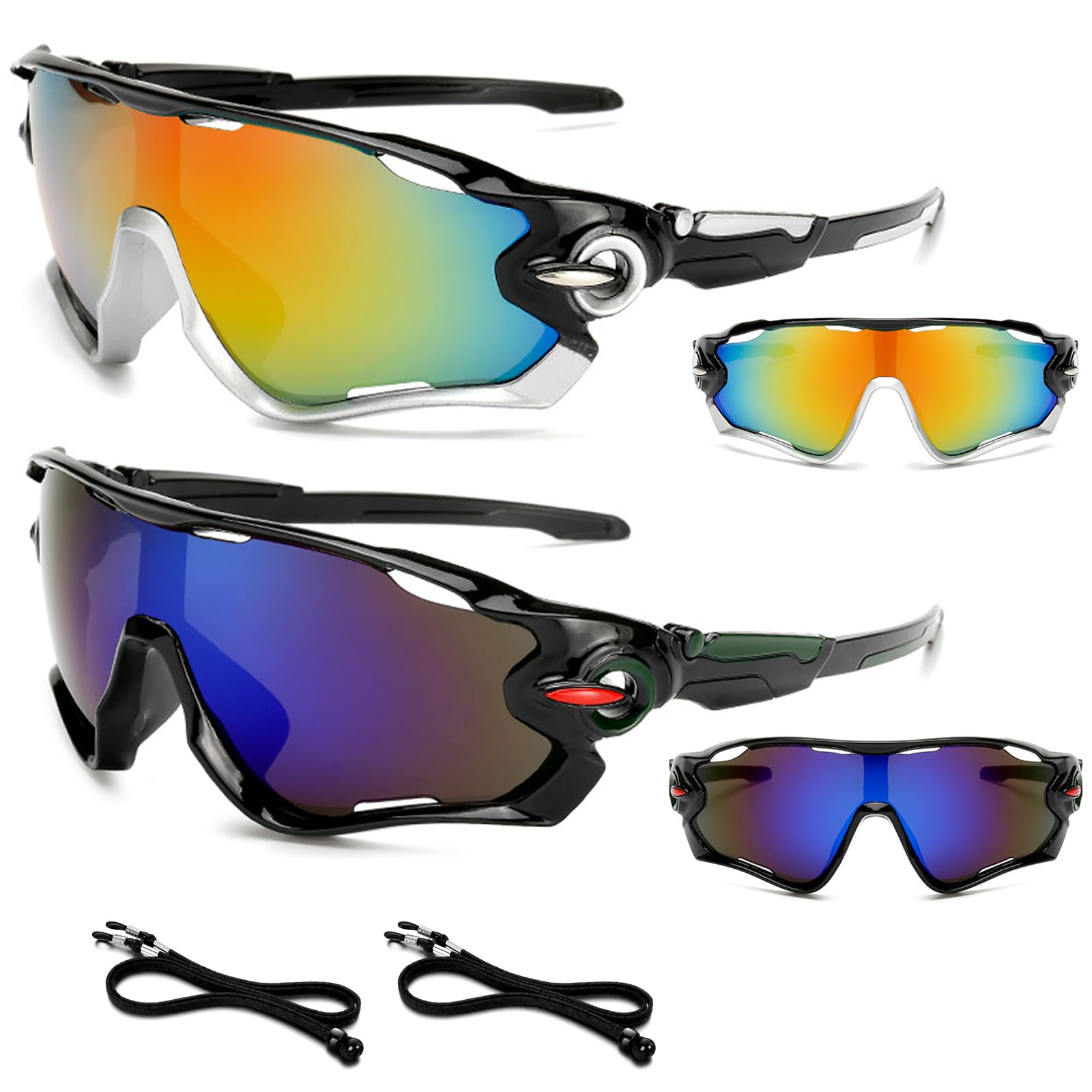 BSITSSS 2 PCS Cycling Glasses for Men Women, UV400 Protection Running Glasses, Wrap Around Sports Sunglasses, Windproof Light Cycling Sunglasses with 2 pcs Adjustable Lanyard (Blue, Colorful)