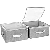 Livelab Fabric Storage Bins for Shelves with Clear Lid, 2-Pack Stackable Closet Organizer Basket with Handles, Foldable Stora