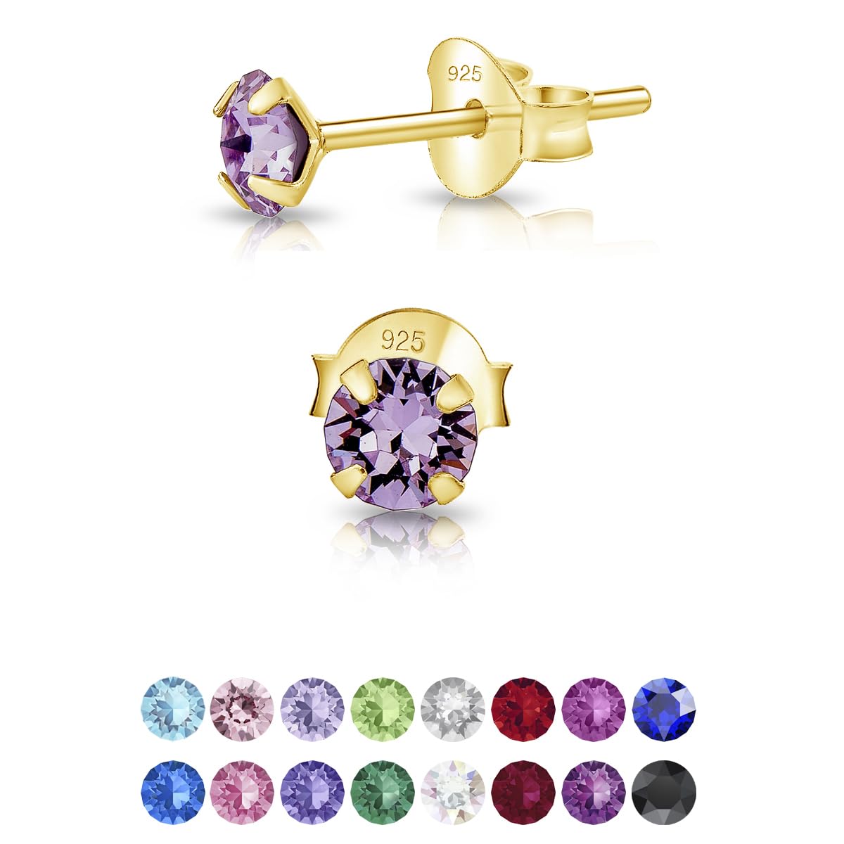 DTPSilver - 925 Sterling Silver Yellow Gold plated Round TINY Stud Earrings made with Glittering Crystals from Swarovski® Elements - Diameter: 4 mm - Colour : Violet