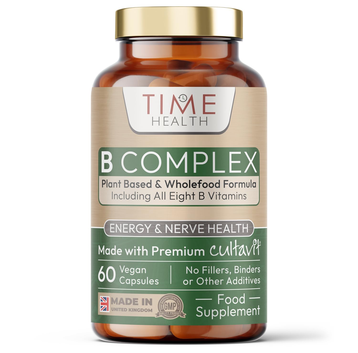 Vitamin B Complex - Whole Food & Plant-Derived - Natural, Non-Synthetic B Vitamins - Highly Bioavailable - Methylated B9 & B12 - Cultavit® - Zero Additives - UK Made - Pullulan (60 Capsules)