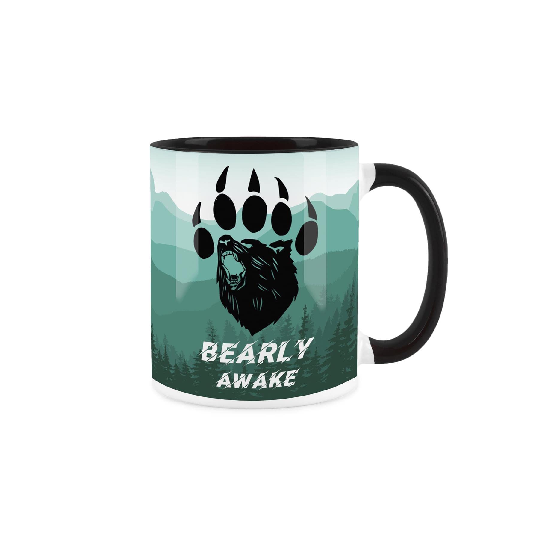 Purely Home Bearly Awake Grizzly Bear Mountain Range Black Mug - Coffee/Tea Gift