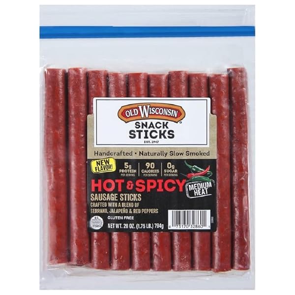OLD WISCONSIN HOT & SPICY SAUSAGE SNACK STICKS, NATURALLY SMOKED, READY TO EAT, HIGH PROTEIN, LOW CARB, KETO, GLUTEN FREE, 28 OUNCE RESEALABLE PACKAGE