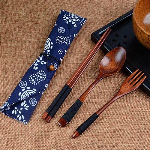 UNAKIM--Wooden Cutlery Set Kitchen Dinning Spoon Chopsticks Fork Portable Bag 3Pcs New