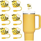 Whaline 6Pcs Honey Bee Straw Cover Cap Cute Cartoon Bumble Reusable Silicone Straw Topper Summer 10Mm/0.4Inch Straws Tip Lid Protector for 30/40 Oz Tumbler Cup Accessories