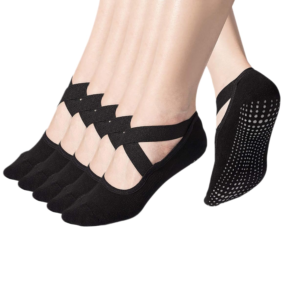 Paquete de 5 calcetines negros antideslizantes acolchados para yoga y pilates con empuñaduras para mujer