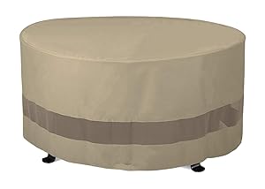 SunPatio Outdoor Fire Pit Cover, Patio Ottoman Cover, Round Table Cover 50"Dia x 24"H, Water Resistant, Lightweight, Eco-Friendly Furniture Cover with Velcro Ties and Mesh Air Vents, Neutral Taupe