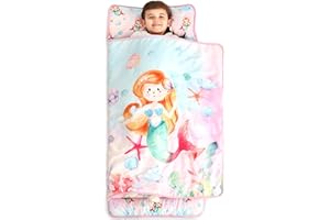 JERORAY Toddler Nap Mat for Daycare Preschool: Kids Sleeping Bag with Pillow and Blanket for Boys Girls Kindergarten Prek Naptime Slumber Bag Easy Roll up Extra Thick Long Padded